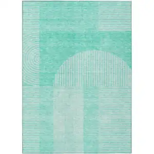 Photo of Teal Blue And Aqua Geometric Washable Indoor Outdoor Area Rug