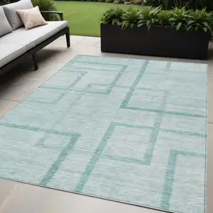 Photo of Teal Blue And Aqua Geometric Washable Indoor Outdoor Area Rug