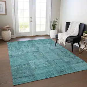 Photo of Teal Blue And Aqua Patchwork Washable Indoor Outdoor Area Rug