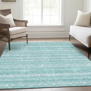 Photo of Teal Blue And Aqua Southwestern Washable Indoor Outdoor Area Rug