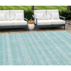 Photo of Teal Blue And Aqua Southwestern Washable Indoor Outdoor Area Rug