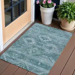 Photo of Teal Blue And Aqua Southwestern Washable Indoor Outdoor Area Rug