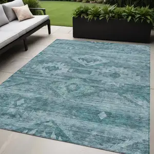 Photo of Teal Blue And Aqua Southwestern Washable Indoor Outdoor Area Rug