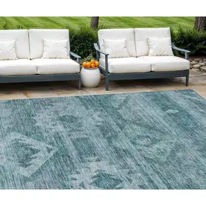 Photo of Teal Blue And Aqua Southwestern Washable Indoor Outdoor Area Rug