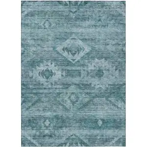 Photo of Teal Blue And Aqua Southwestern Washable Indoor Outdoor Area Rug