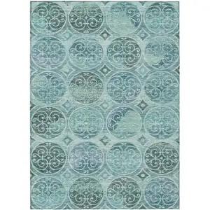 Photo of Teal Blue And Aqua Trellis Washable Indoor Outdoor Area Rug