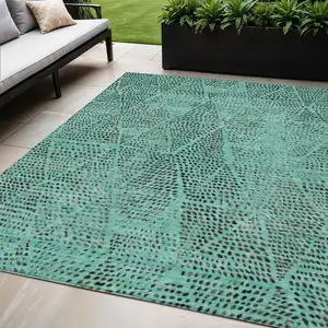 Photo of Teal Blue And Charcoal Geometric Washable Indoor Outdoor Area Rug