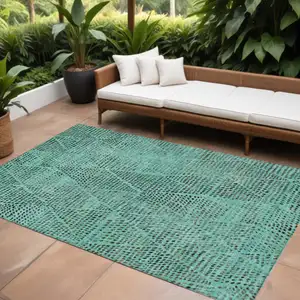 Photo of Teal Blue And Charcoal Geometric Washable Indoor Outdoor Area Rug