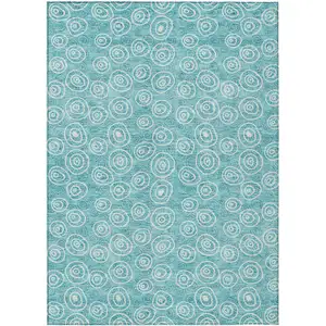 Photo of Teal Blue And Ivory Geometric Washable Indoor Outdoor Area Rug