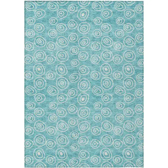 Teal Blue And Ivory Geometric Washable Indoor Outdoor Area Rug Photo 1