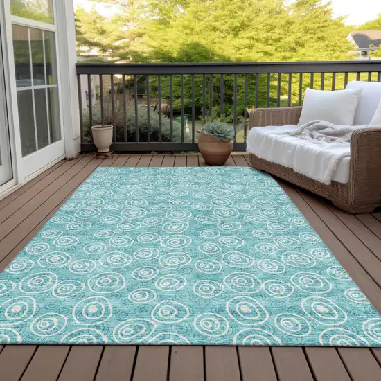 Teal Blue And Ivory Geometric Washable Indoor Outdoor Area Rug Photo 6