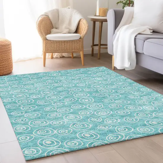 Teal Blue And Ivory Geometric Washable Indoor Outdoor Area Rug Photo 7