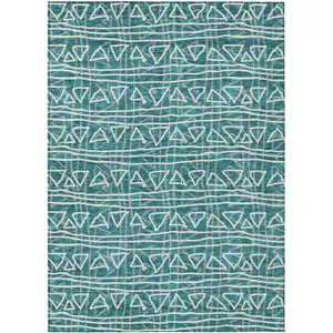 Photo of Teal Blue And Ivory Geometric Washable Indoor Outdoor Area Rug