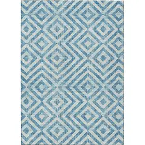 Photo of Teal Blue And Ivory Geometric Washable Indoor Outdoor Area Rug