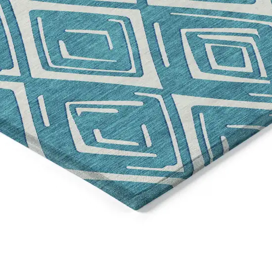 Teal Blue And Ivory Geometric Washable Indoor Outdoor Area Rug Photo 5