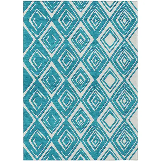 Teal Blue And Ivory Geometric Washable Indoor Outdoor Area Rug Photo 2