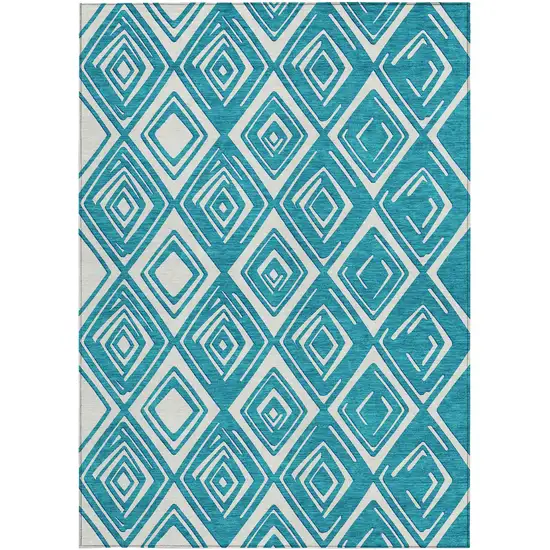 Teal Blue And Ivory Geometric Washable Indoor Outdoor Area Rug Photo 8