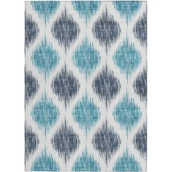 Teal Blue And Ivory Ikat Washable Indoor Outdoor Area Rug Photo 7