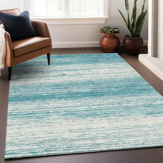 Teal Blue And Ivory Striped Washable Indoor Outdoor Area Rug Photo 9