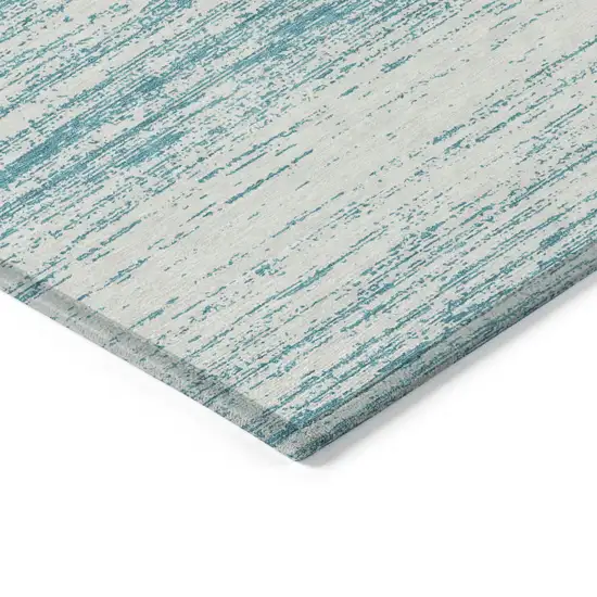 Teal Blue And Ivory Striped Washable Indoor Outdoor Area Rug Photo 5