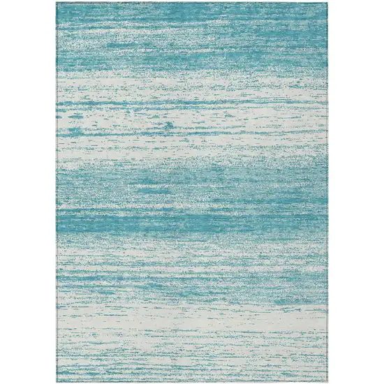 Teal Blue And Ivory Striped Washable Indoor Outdoor Area Rug Photo 2