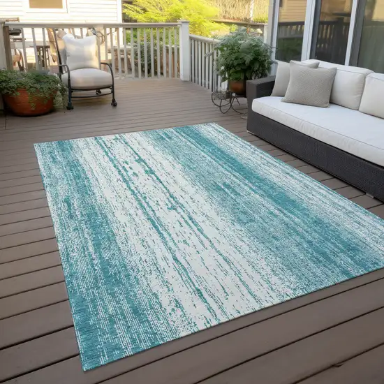 Teal Blue And Ivory Striped Washable Indoor Outdoor Area Rug Photo 7