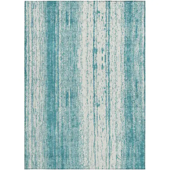 Teal Blue And Ivory Striped Washable Indoor Outdoor Area Rug Photo 7