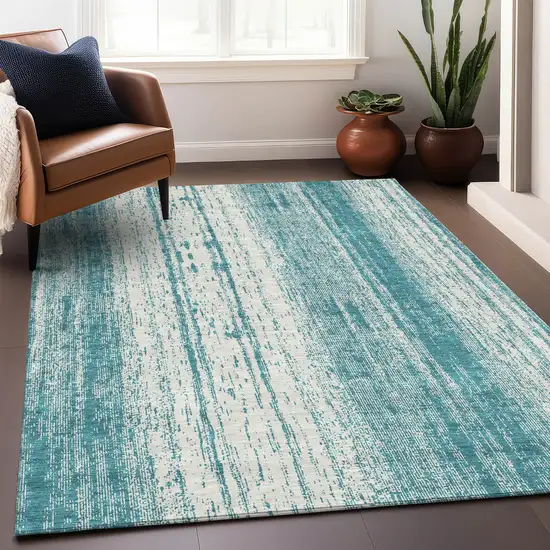 Teal Blue And Ivory Striped Washable Indoor Outdoor Area Rug Photo 8