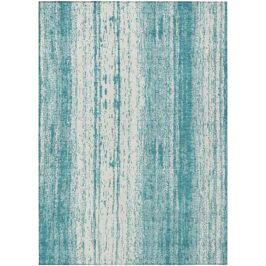 Teal Blue And Ivory Striped Washable Indoor Outdoor Area Rug Photo 2