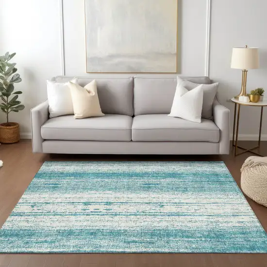 Teal Blue And Ivory Striped Washable Indoor Outdoor Area Rug Photo 9