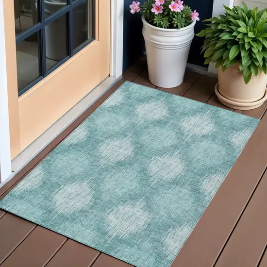 Teal Blue And Mint Green Ikat Washable Indoor Outdoor Area Rug Photo 1