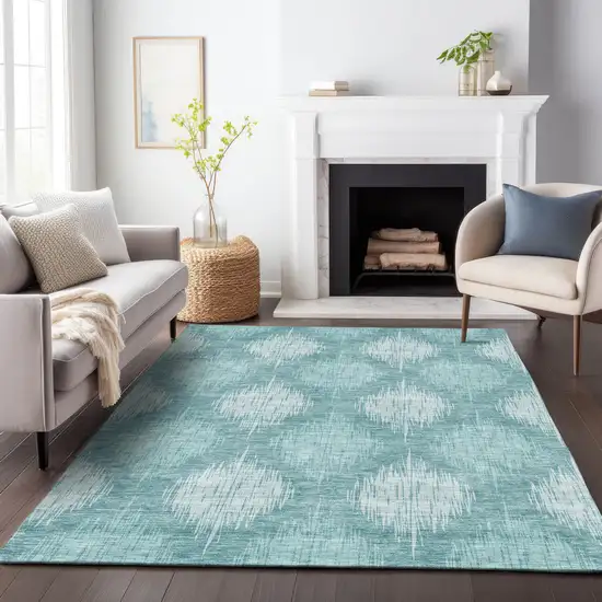 Teal Blue And Mint Green Ikat Washable Indoor Outdoor Area Rug Photo 9