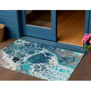 Photo of Teal Blue And Navy Blue Nautical Washable Indoor Outdoor Area Rug