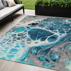 Photo of Teal Blue And Navy Blue Nautical Washable Indoor Outdoor Area Rug