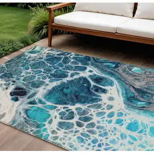 Photo of Teal Blue And Navy Blue Nautical Washable Indoor Outdoor Area Rug