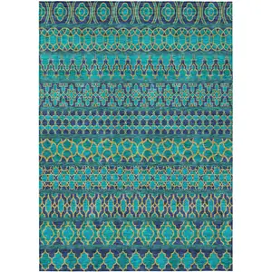 Photo of Teal Blue And Navy Blue Quatrefoil Washable Indoor Outdoor Area Rug