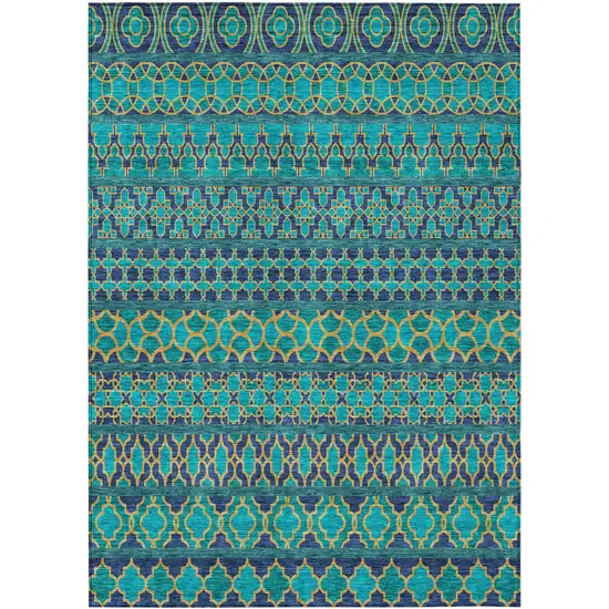 Teal Blue And Navy Blue Quatrefoil Washable Indoor Outdoor Area Rug Photo 1