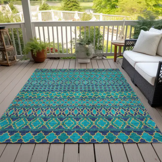 Teal Blue And Navy Blue Quatrefoil Washable Indoor Outdoor Area Rug Photo 7