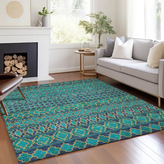 Teal Blue And Navy Blue Quatrefoil Washable Indoor Outdoor Area Rug Photo 8