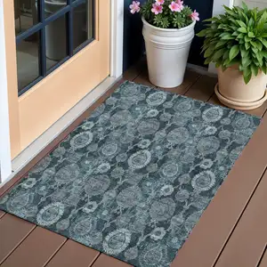 Photo of Teal Blue And Sky Blue Damask Washable Indoor Outdoor Area Rug