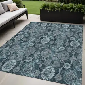 Photo of Teal Blue And Sky Blue Damask Washable Indoor Outdoor Area Rug