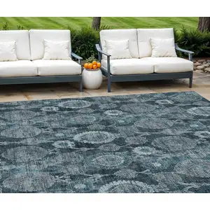 Photo of Teal Blue And Sky Blue Damask Washable Indoor Outdoor Area Rug