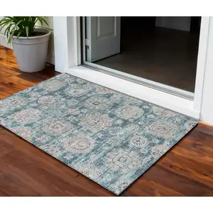 Photo of Teal Blue And Sky Blue Floral Washable Indoor Outdoor Area Rug