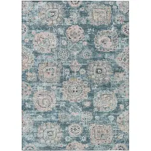 Photo of Teal Blue And Sky Blue Floral Washable Indoor Outdoor Area Rug