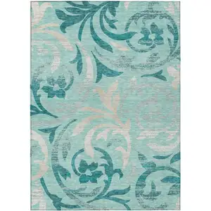 Photo of Teal Blue Aqua And Beige Floral Washable Indoor Outdoor Area Rug