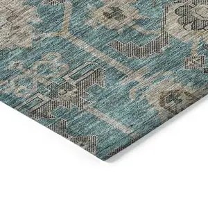 Photo of Teal Blue Aqua And Beige Oriental Washable Indoor Outdoor Area Rug