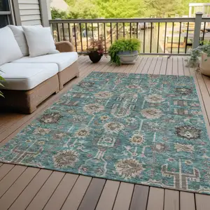 Photo of Teal Blue Aqua And Beige Oriental Washable Indoor Outdoor Area Rug