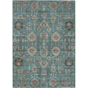 Photo of Teal Blue Aqua And Beige Oriental Washable Indoor Outdoor Area Rug