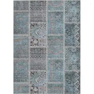 Photo of Teal Blue Aqua And Beige Patchwork Washable Indoor Outdoor Area Rug