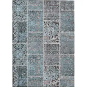 Photo of Teal Blue Aqua And Beige Patchwork Washable Indoor Outdoor Area Rug